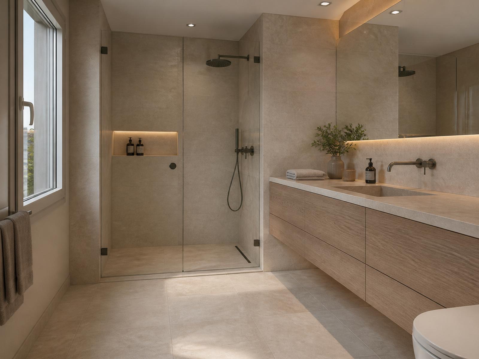 Nachher — Bagno moderno ristrutturato con doccia walk-in, piastrelle grande formato e mobile in rovere