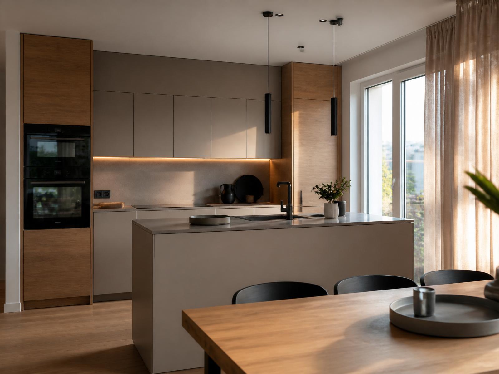 Nachher — Cucina contemporanea handleless in rovere con top in pietra e isola centrale